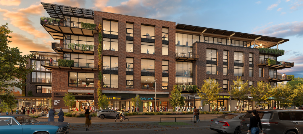 Rendering of 5th & Walsh from West 5th Street, showing ground-floor retail and office levels above