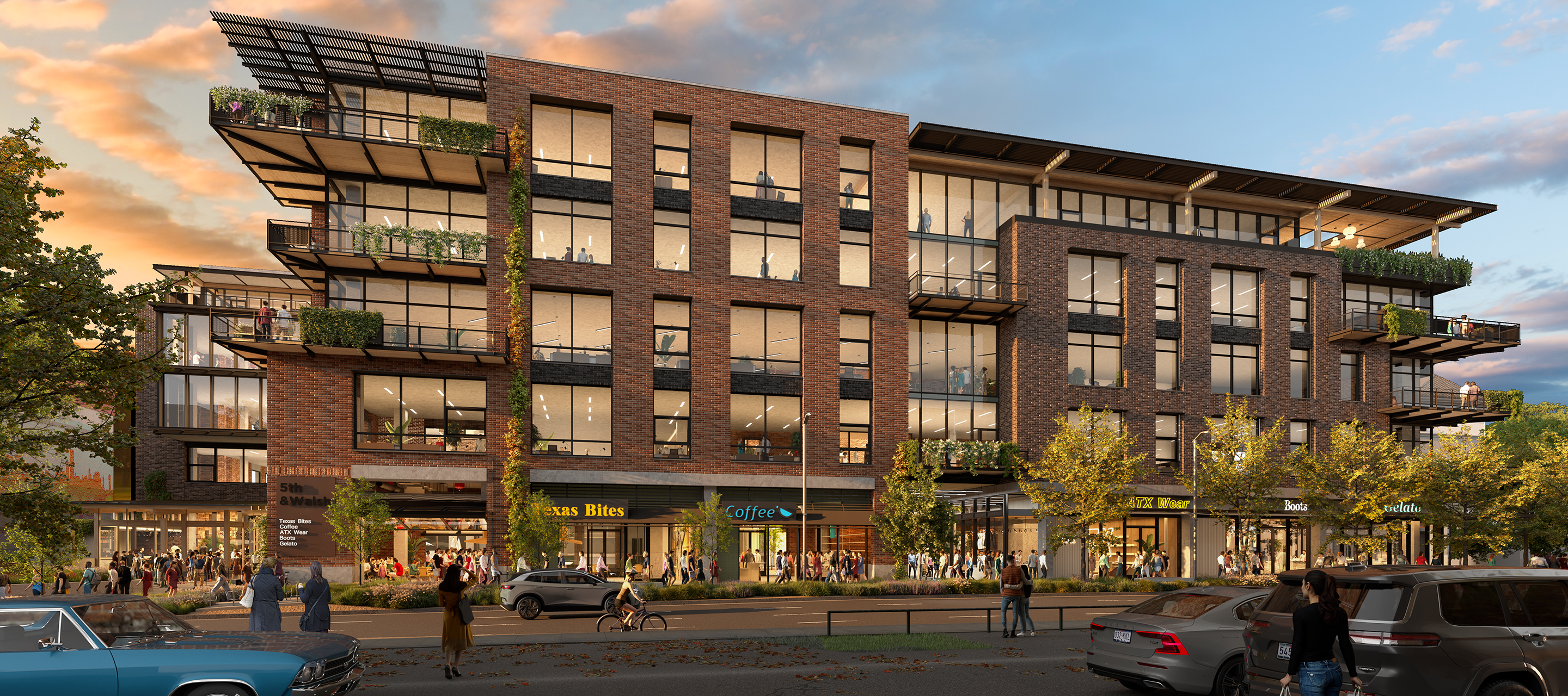 Rendering of the 5th & Walsh Mixed-Use Project at 1200 W 5th St, showing ground-floor retail along West 5th Street