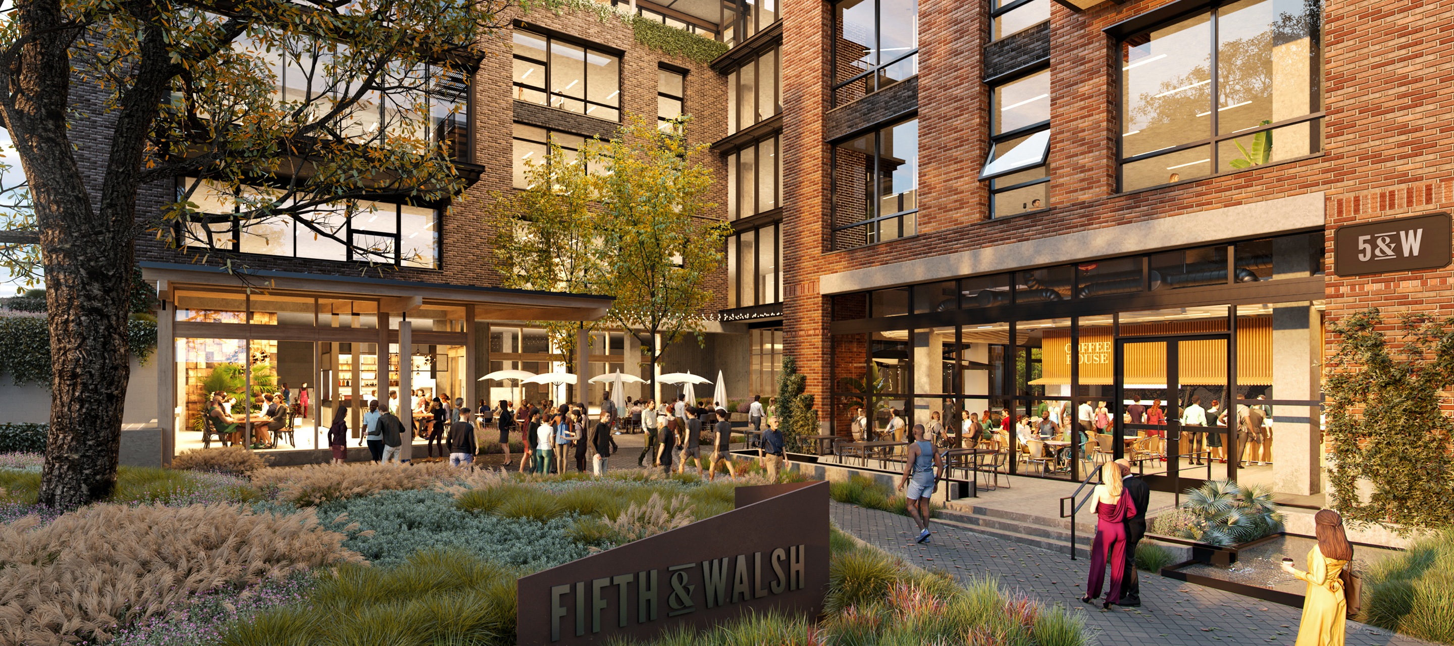 Rendering of the landscaped courtyard and retail paseo at 5th & Walsh